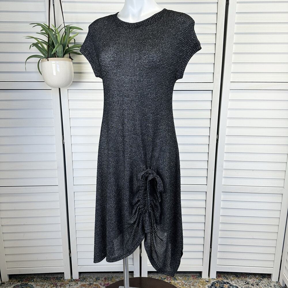 Comfy‎ USA Black Gray Open Knit Dress Ruched Front Bow Unlined Womens Size XS
